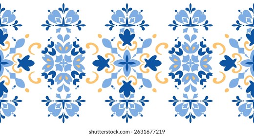 Vector illustration of a seamless ethnic folk pattern in blue tones with floral and geometric patterns. Perfect for use on fabric, wallpaper, wrapping paper and clean, traditional decorative designs.
