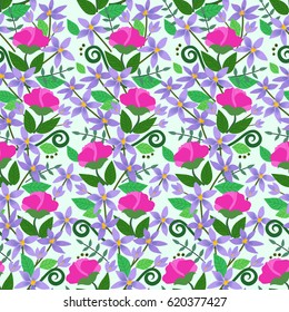 Vector illustration of seamless exotic flowers pattern. Colorful flowers and green leaves.