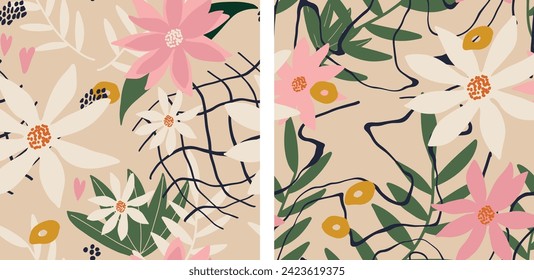 Vector illustration. Seamless fabric pattern. Plants nature. Large set of textures.
