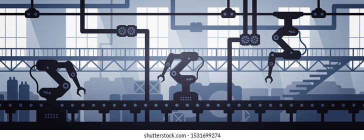 Vector illustration of seamless factory line manufacturing industrial interior background. Silhouette of industry 4.0 zone template.