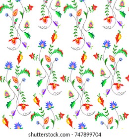 Vector illustration of seamless fantasy flowers pattern. Colorful flowers on light background. Hand drawn.