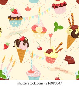 Vector illustration Seamless festive birthday cakes  and ice-cream pattern. Flat style.