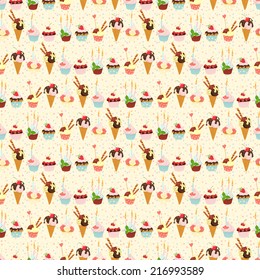 Vector illustration Seamless festive birthday cakes  and ice-cream pattern. Flat style.