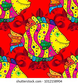Vector illustration. Seamless. Fish doodle style. Handdrawn. Fishes on red, yellow and magenta.