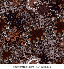 Vector illustration. Seamless Flat design with abstract doodles on black, brown and gray colors background. Colorful pattern.