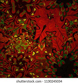 Vector illustration. Seamless Flat design with abstract doodles on red, black and brown colors background. �colorful pattern.