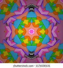Vector illustration. Seamless Flat design with abstract doodles on orange, pink and blue colors background. ��colorful pattern.