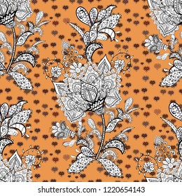 Vector illustration. Seamless Flat design with abstract doodles on black, orange and white colors background. Colorful pattern.