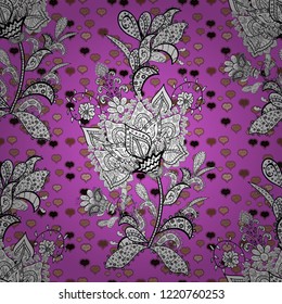 Vector illustration. Seamless Flat design with abstract doodles on black, violet and white colors background. Colorful pattern.
