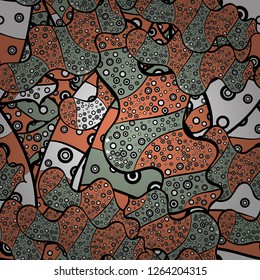 Vector illustration. Seamless Flat design with abstract doodles on black, neutral and orange colors background. Colorful pattern.