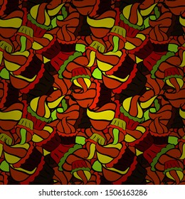 Vector illustration. Seamless Flat design with abstract doodles on black, orange and red colors background. Colorful pattern.