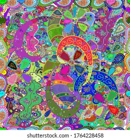 Vector illustration. Seamless Flat design with abstract doodles on blue, violet and green colors background. Colorful pattern.