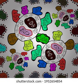 Vector illustration. Seamless Flat design with abstract doodles on white, green and black colors background. Colorful pattern.