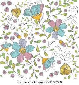 Vector illustration of a seamless floral background with elegant calligraphic plants and flowers