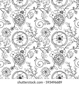 Vector illustration of a seamless floral background with different plants, flowers and berries. Linear hand drawn style.