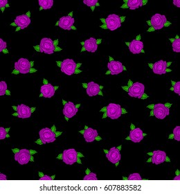 Vector illustration. Seamless floral background. Isolated beautiful flowers drawn watercolor in magenta colors on black background. Tropical colorful seamless pattern.