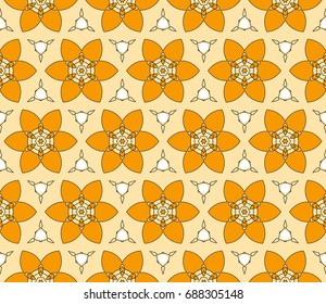 Vector illustration, seamless floral geometric pattern, fabric repeating texture. orange color