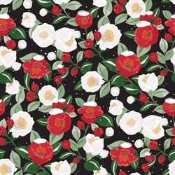 Vector Illustration Of Seamless Floral Pattern Decorated With Camellia Flowers. 	
