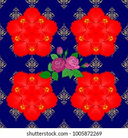 Vector illustration. Seamless floral pattern with stylized flowers in red and blue colors.