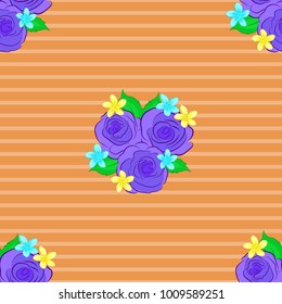 Vector illustration. Seamless floral pattern with stylized rose flowers and green leaves in orange, beige and violet colors.