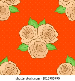 Vector illustration. Seamless floral pattern with stylized rose flowers and green leaves in orange, beige and green colors.