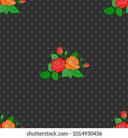 Vector illustration. Seamless floral pattern in green, orange and gray colors with motley rose flowers and green leaves.