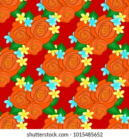 Vector illustration. Seamless floral pattern in cute rose flowers and green leaves in orange and red colors.