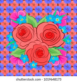 Vector illustration. Seamless floral pattern with stylized rose flowers and green leaves in pink, violet and blue colors.