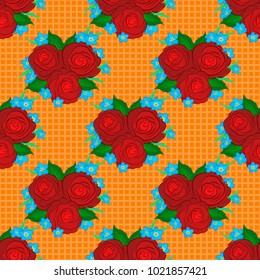 Vector illustration. Seamless floral pattern in cute rose flowers and green leaves in blue, orange and red colors.
