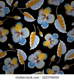Vector illustration. Seamless floral pattern with stylized hibiscus flowers in blue and black colors.
