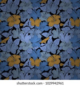 Vector illustration. Seamless floral pattern in cute hibiscus flowers in blue, black and yellow colors.