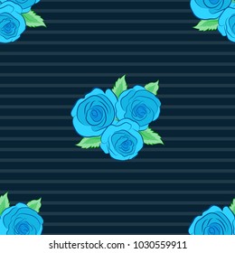 Vector illustration. Seamless floral pattern with stylized rose flowers and green leaves in blue and green colors.