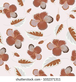 Vector illustration. Seamless floral pattern in cute hibiscus flowers in brown and gray colors.