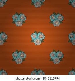 Vector illustration. Seamless floral pattern with stylized rose flowers and leaves in gray, orange and blue colors.