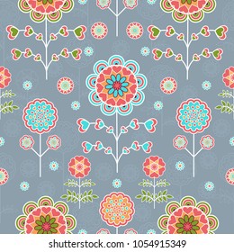 Vector illustration. Seamless floral pattern. Stylized colorful flowers on a gray background. Modern background for textiles, postcards, wallpaper, scrapbooking, wrappers and other design purposes.