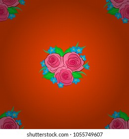 Vector illustration. Seamless floral pattern in blue, orange and pink colors with motley rose flowers and green leaves.
