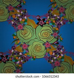 Vector illustration. Seamless floral pattern in blue, and brown colors with motley rose flowers and leaves.