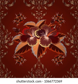 Vector illustration. Seamless floral pattern in brown, orange and red colors with motley hibiscus flowers.