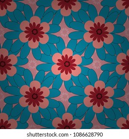 Vector illustration. Seamless floral pattern with wonderful flowers in blue, pink and red tones.