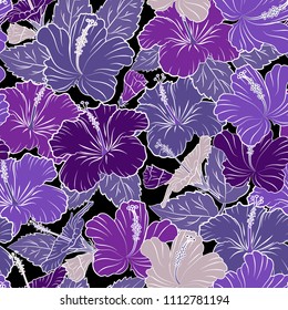 Vector illustration. Seamless floral pattern with stylized hibiscus flowers in white, violet and purple colors.