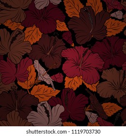 Vector illustration. Seamless floral pattern with stylized hibiscus flowers in brown, red and black colors.