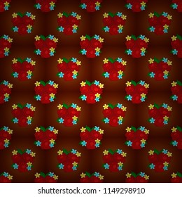 Vector illustration. Seamless floral pattern with stylized rose flowers and green leaves in yellow, red and brown colors.