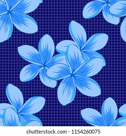 Vector illustration. Seamless floral pattern in blue colors with motley plumeria flowers.