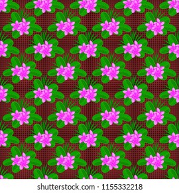Vector illustration. Seamless floral pattern in red, green and brown colors with motley plumeria flowers.