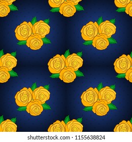 Vector illustration. Seamless floral pattern in blue, yellow and gray colors with motley rose flowers and green leaves.