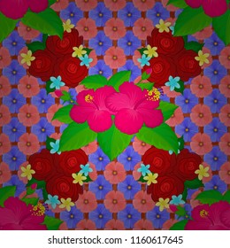 Vector illustration. Seamless floral pattern in cute hibiscus flowers in violet, green and pink colors.