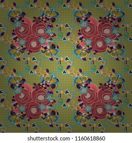 Vector illustration. Seamless floral pattern in cute rose flowers and green leaves in yellow, blue and red colors.