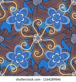 Vector illustration. Seamless floral pattern with wonderful flowers in blue, black and brown tones.