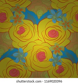 Vector illustration. Seamless floral pattern in orange, blue and yellow colors with motley rose flowers and green leaves.