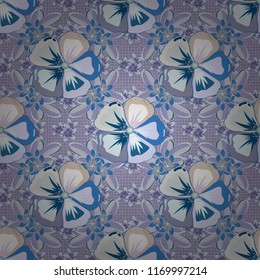 Vector illustration. Seamless floral pattern in cute cosmos flowers in gray, beige and blue colors.